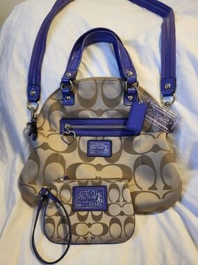 Coach Poppy Signature Bag with Purple Leather Trim + Matching Wristlet